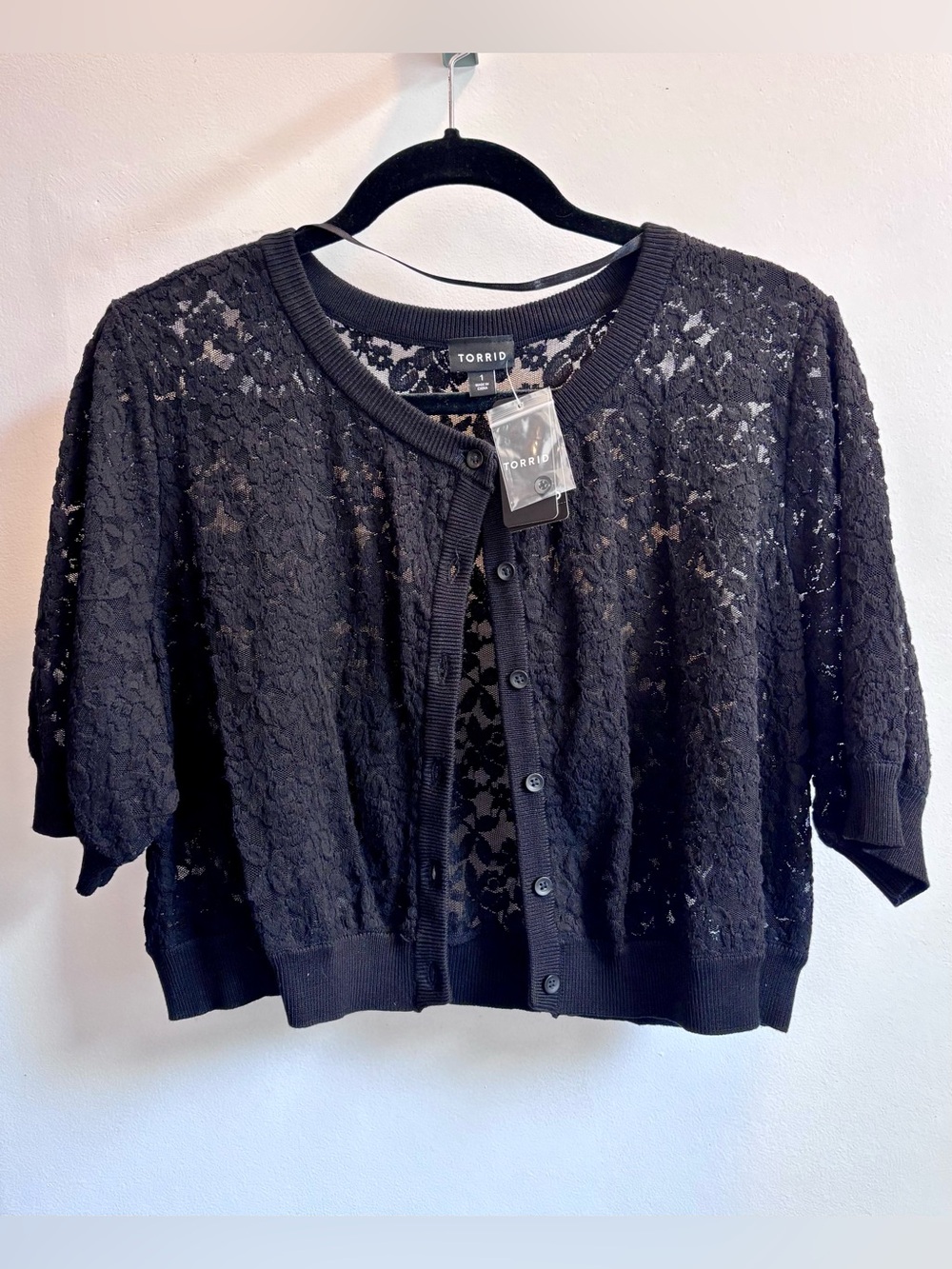 torrid Black Short-Sleeve Cropped Lace Cardigan Shrug